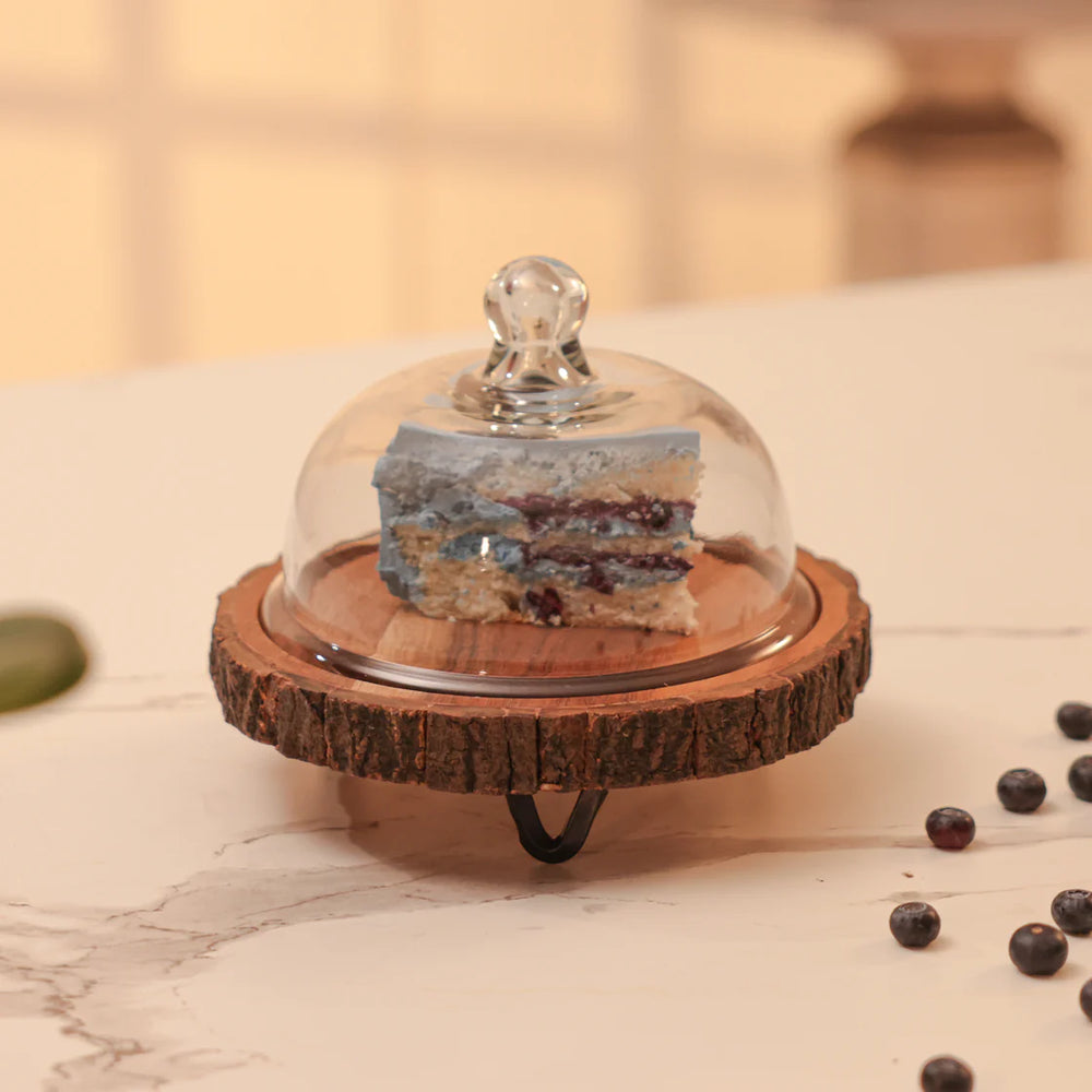 Ireka Homes Vriksha Acacia Wood Cake Stand with Glass Dome – Handmade, Sustainable, Foodsafe – Perfect for Mini Cakes, Fruits, and Snacks