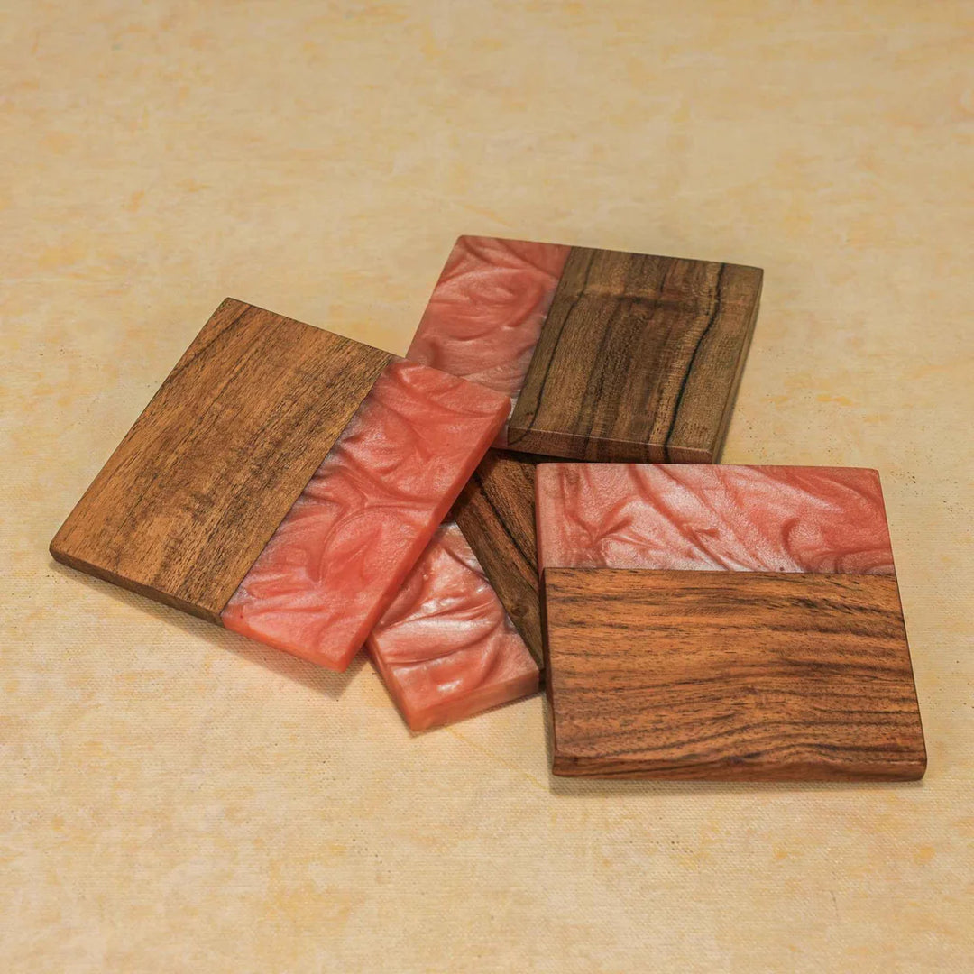 Ireka Homes Blush Tide Coaster Set – Acacia Wood and Resin– Ideal for Coffee Tables, Desks, & Gifting
