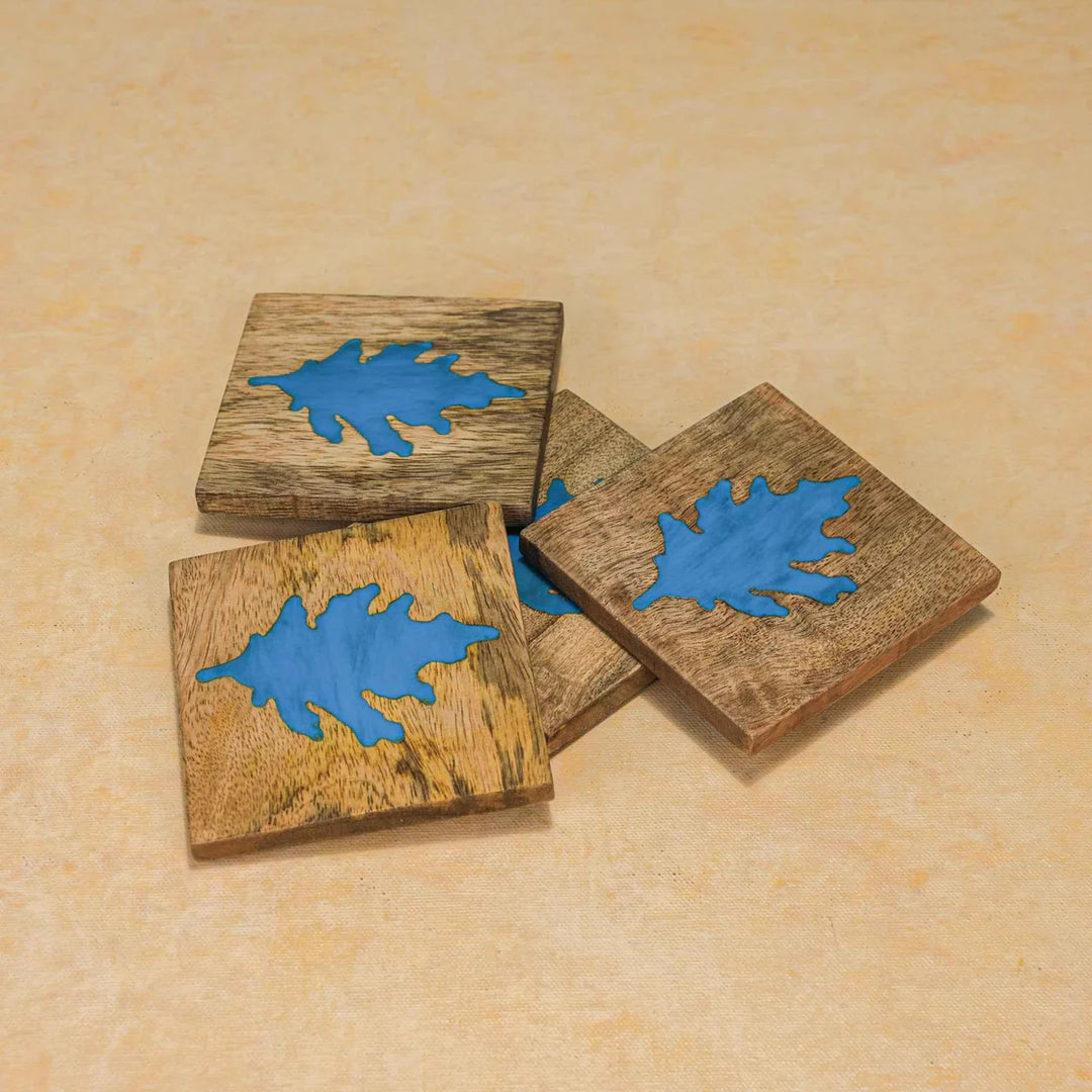 Ireka Homes Autumn Blue Coaster Set – Mango Wood & Marble – Ideal for Coffee Tables, Desks, & Gifting