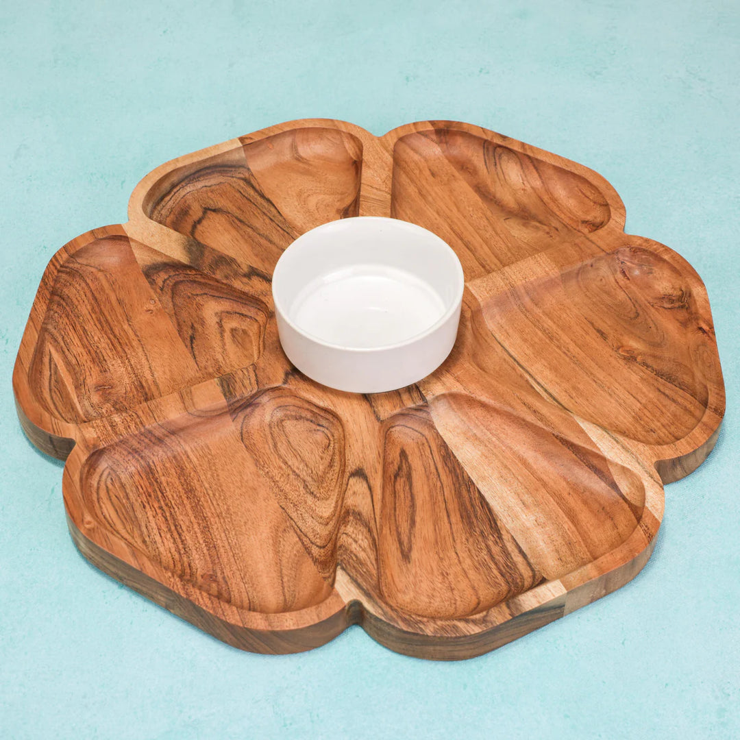 Ireka Homes FloraFeast Chip and Dip Platter – Handcrafted Acacia Wood Snack Tray with Ceramic Bowl – Stylish Platter for Chips, Crackers, and Dips (16x16x2.5 inches)