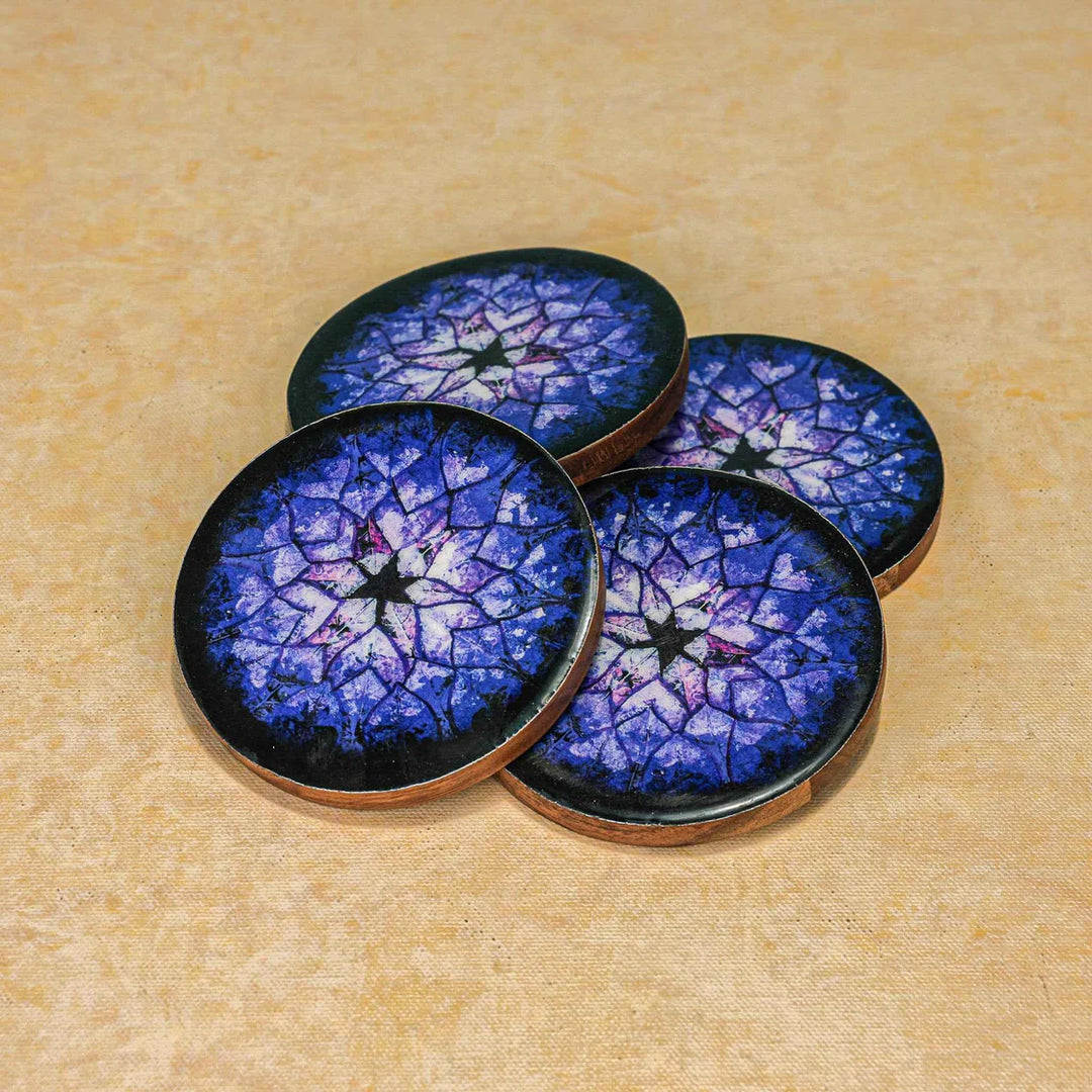 Ireka Homes Blue Nebula Coaster Set – Acacia Wood & Enamel– Ideal for Coffee Tables, Desks, & Gifting