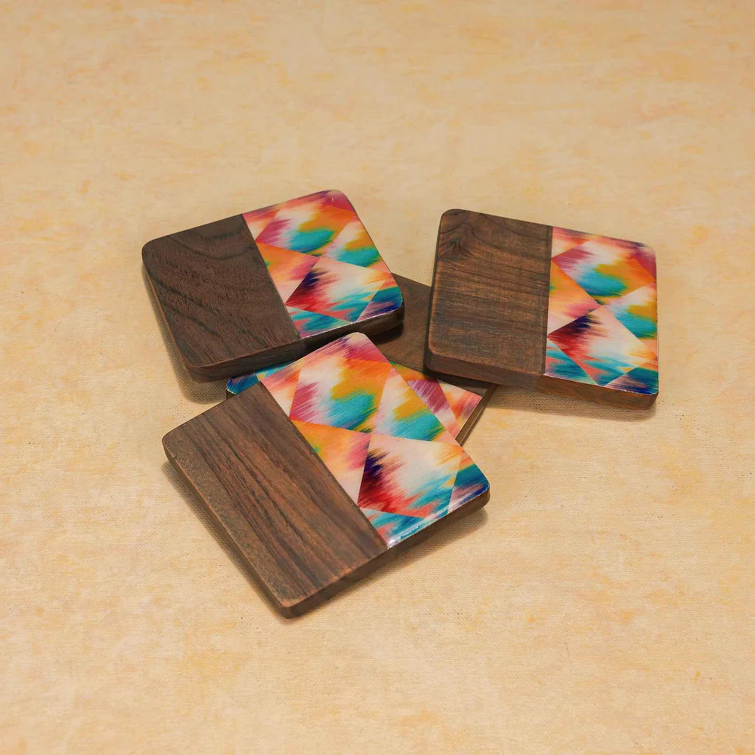 Ireka Homes Aurora Wood Coaster Set – Acacia Wood & Enamel– Ideal for Coffee Tables, Desks, & Gifting