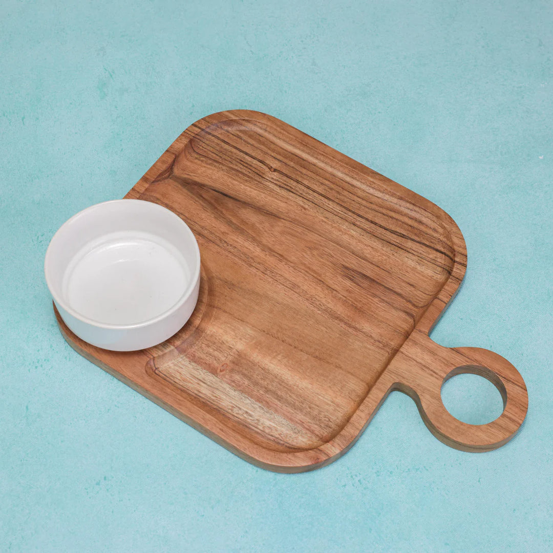 Ireka Homes Squadip Chip and Dip Platter – Handcrafted Acacia Wood Snack Tray with Ceramic Bowl – Stylish Platter for Chips, Crackers, and Dips (13.5x10x2.25 inches)