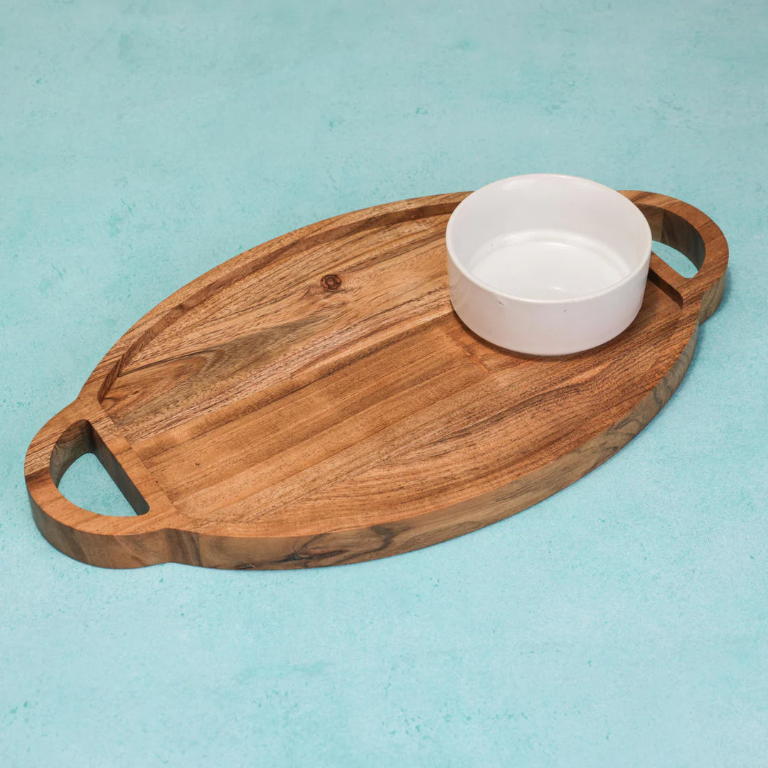 Ireka Homes Ovaload Chip and Dip Platter – Handcrafted Acacia Wood Snack Tray with Ceramic Bowl – Stylish Platter for Chips, Crackers, and Dips (16x9x2.5 inches)
