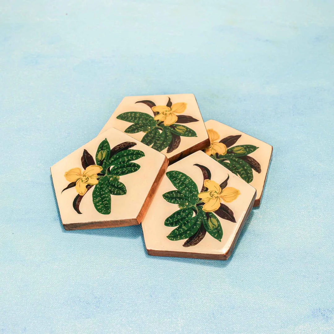 Ireka Homes Penta Bloom Coaster Set – Acacia Wood & Enamel– Ideal for Coffee Tables, Desks, & Gifting
