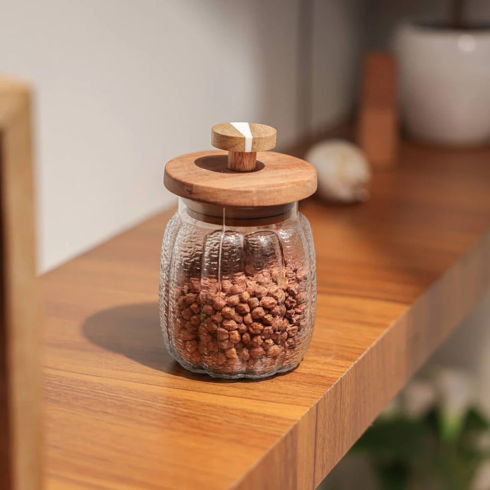 Ireka Homes Premium Ripple Canister - Food-Safe Glass Storage Jar with Airtight Wooden Lid - Perfect for Coffee, Sugar, Snacks & More (4x5.5 inches)