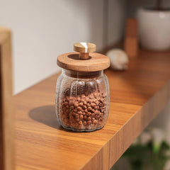 Ireka Homes Premium Ripple Canister - Food-Safe Glass Storage Jar with Airtight Wooden Lid - Perfect for Coffee, Sugar, Snacks & More (4x5.5 inches)