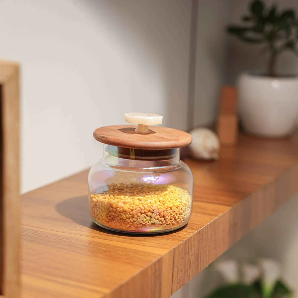 Ireka Homes Premium Halo Canister - Food-Safe Glass Storage Jar with Airtight Wooden Lid - Perfect for Coffee, Sugar, Snacks & More (5.5 x 5 inches)