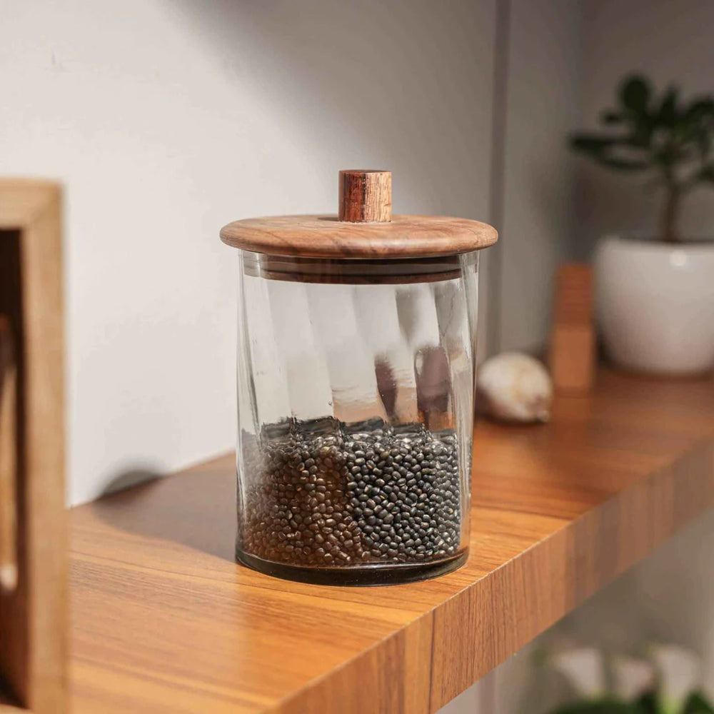 Ireka Homes Premium Twist Canister - Food-Safe Glass Storage Jar with Airtight Wooden Lid - Perfect for Coffee, Sugar, Snacks & More (5x7.5 inches)
