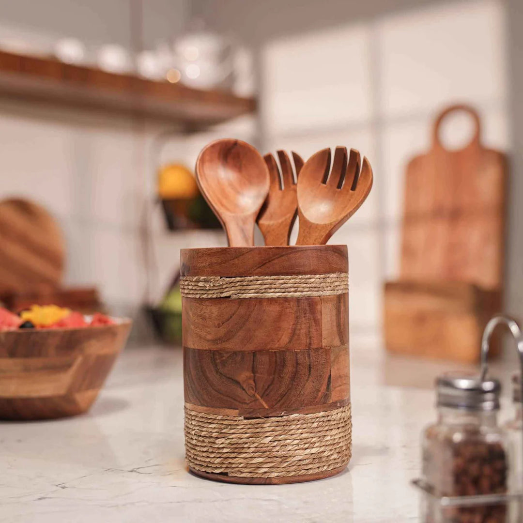 Ireka Homes Rustic Roll Utensils Holder - Handcrafted Acacia Wood Utensil Utensils Holder - Durable Utensil Organizer for Spatulas, Ladles & Cooking Tools