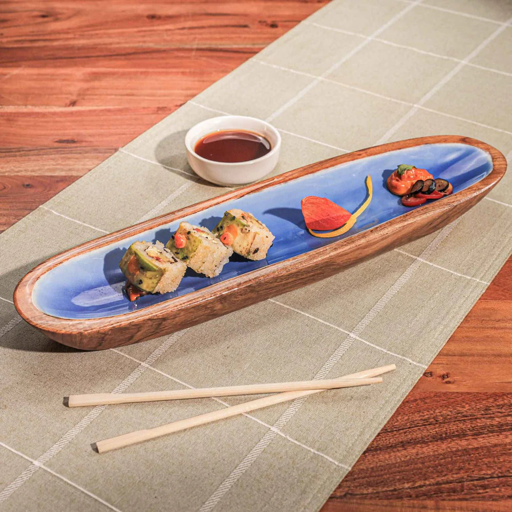 Ireka Homes Multi-Purpose Snack Attack Serving Platter - Premium Acacia Wood Platter With Enamel Coating - Decorative Kitchen Platter for Serving Food, Drinks, Coffee, and Cheese (14x4.25 inches)