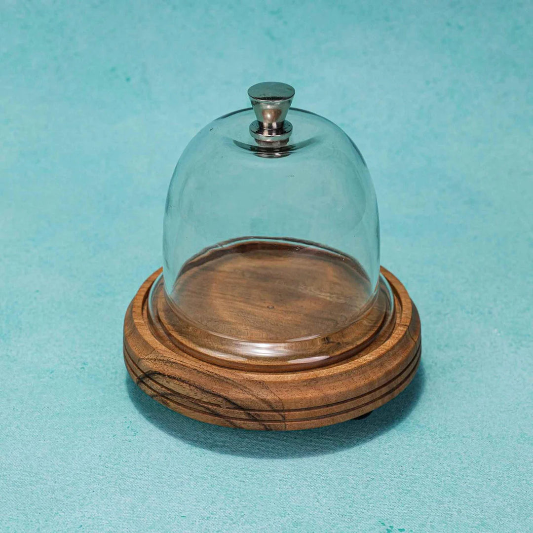 Ireka Homes Candy Glow Acacia Wood Cake Stand with Glass Dome – Handmade, Sustainable, Foodsafe – Perfect for Cakes, Fruits, and Snacks