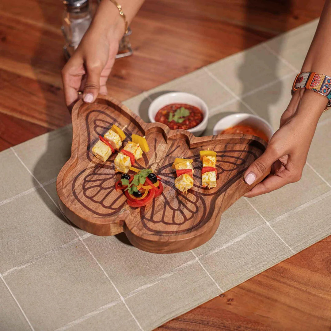 Ireka Homes Multi-Purpose Butterfly Effect Serving Platter - Premium Acacia Wood Platter - Decorative Kitchen Platter for Serving Food, Drinks, Coffee, and Cheese (10.5x8 inches)