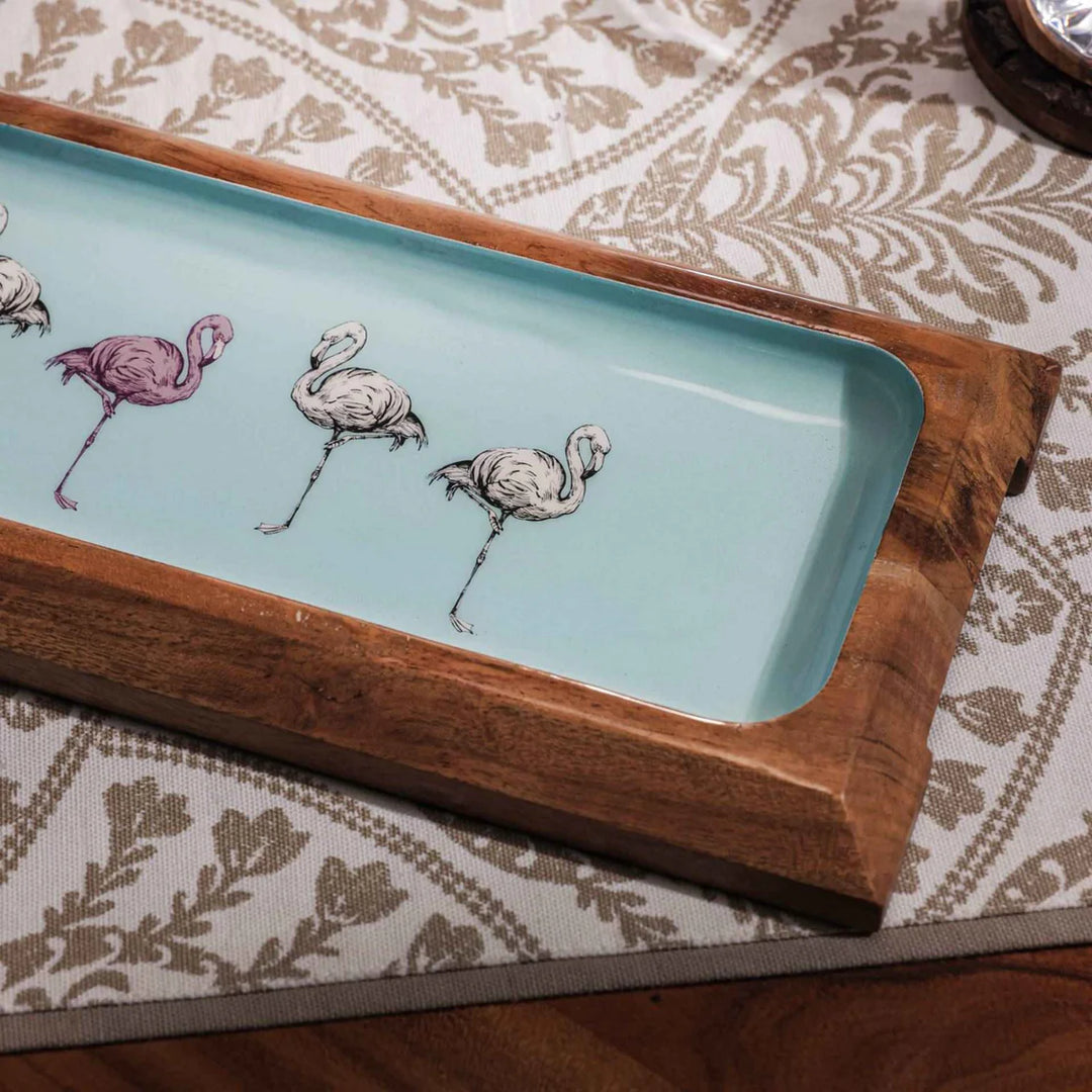 Ireka Homes Multi-Purpose Flamingo Fiesta Serving Platter - Premium Acacia Wood Platter With Enamel Coating - Decorative Kitchen Platter for Serving Food, Drinks, Coffee, and Cheese (17x6 inches)