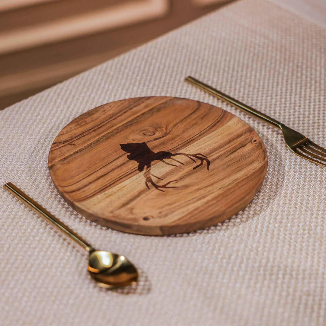 Ireka Homes Multi-Purpose Antler Crest Serving Plate - Premium Acacia Wood Plate - Decorative Kitchen Plate for Serving Food, Drinks, Coffee, and Cheese (8 inches)