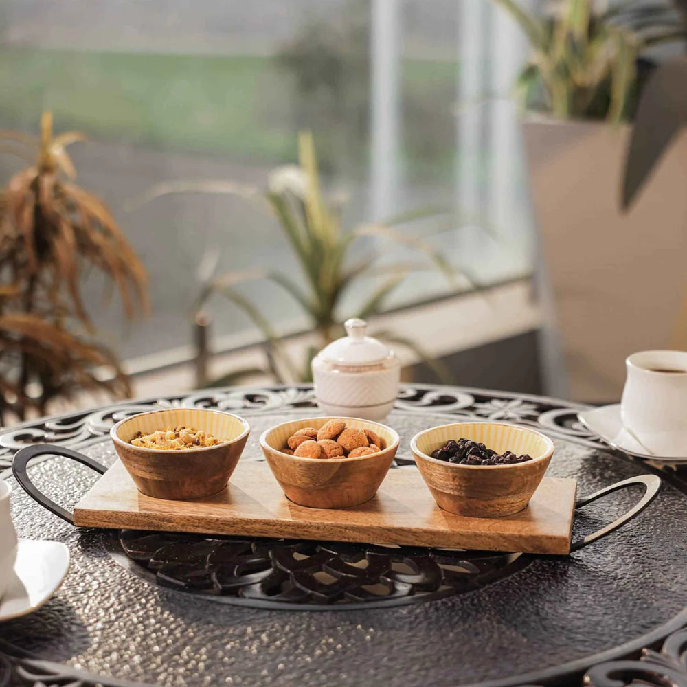 Ireka Homes Handcrafted Tripple Treat Serving Bowls - Multipurpose Mango Wood Bowls With Enamel - Durable Bowls for Serving Food, Snacks, and Desserts (19x5 inches)