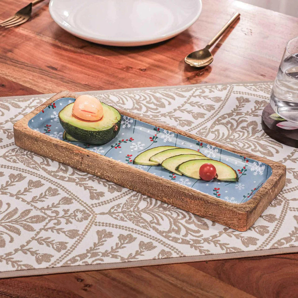 Ireka Homes Multi-Purpose Bluetiful Bites Serving Platter - Premium Mango Wood Platter With Enamel Coating - Decorative Kitchen Platter for Serving Food, Drinks, Coffee, and Cheese (12x4 inches)