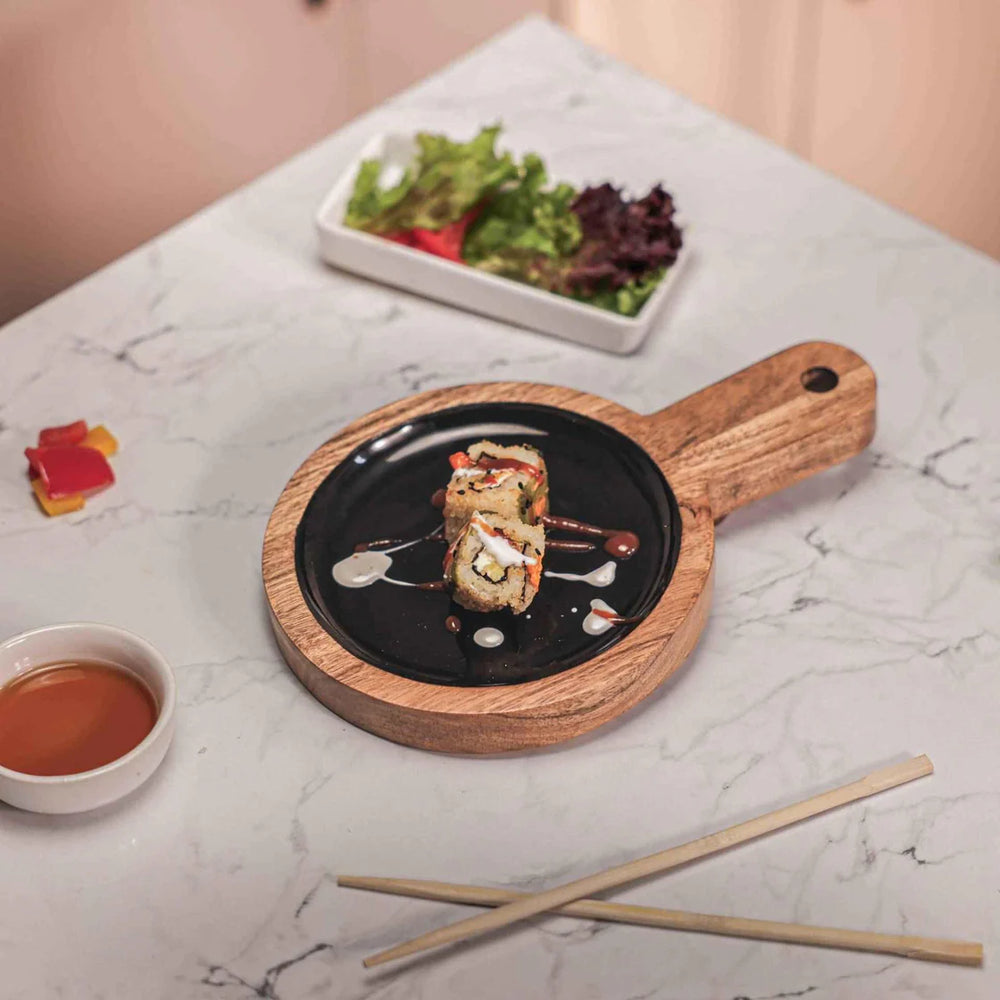 Ireka Homes Multi-Purpose Back in Black Serving Board - Premium Acacia Wood Board - Decorative Kitchen Board for Serving Food, Drinks, Coffee, and Cheese (10.5x7 inches)