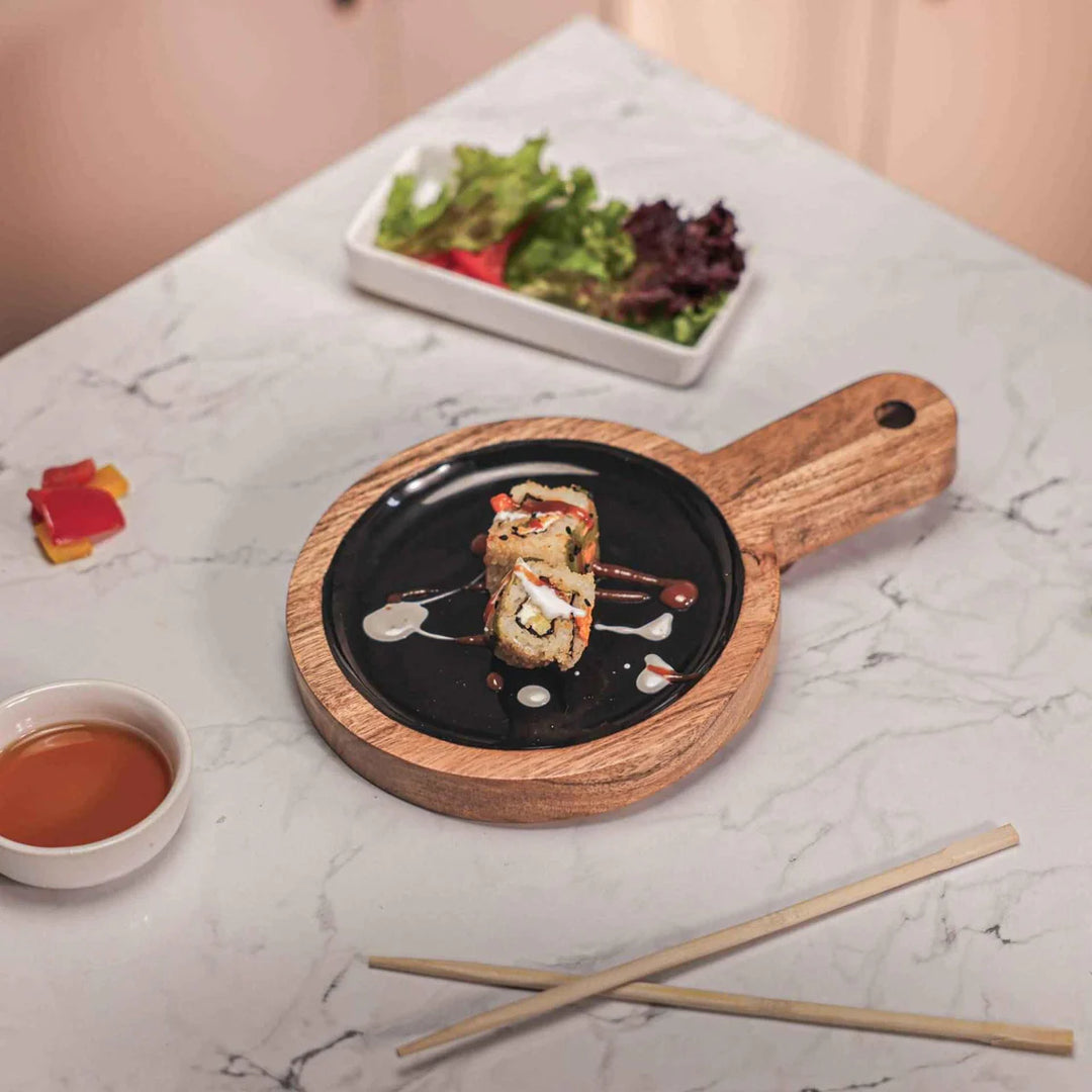 Ireka Homes Multi-Purpose Back in Black Serving Board - Premium Acacia Wood Board - Decorative Kitchen Board for Serving Food, Drinks, Coffee, and Cheese (10.5x7 inches)