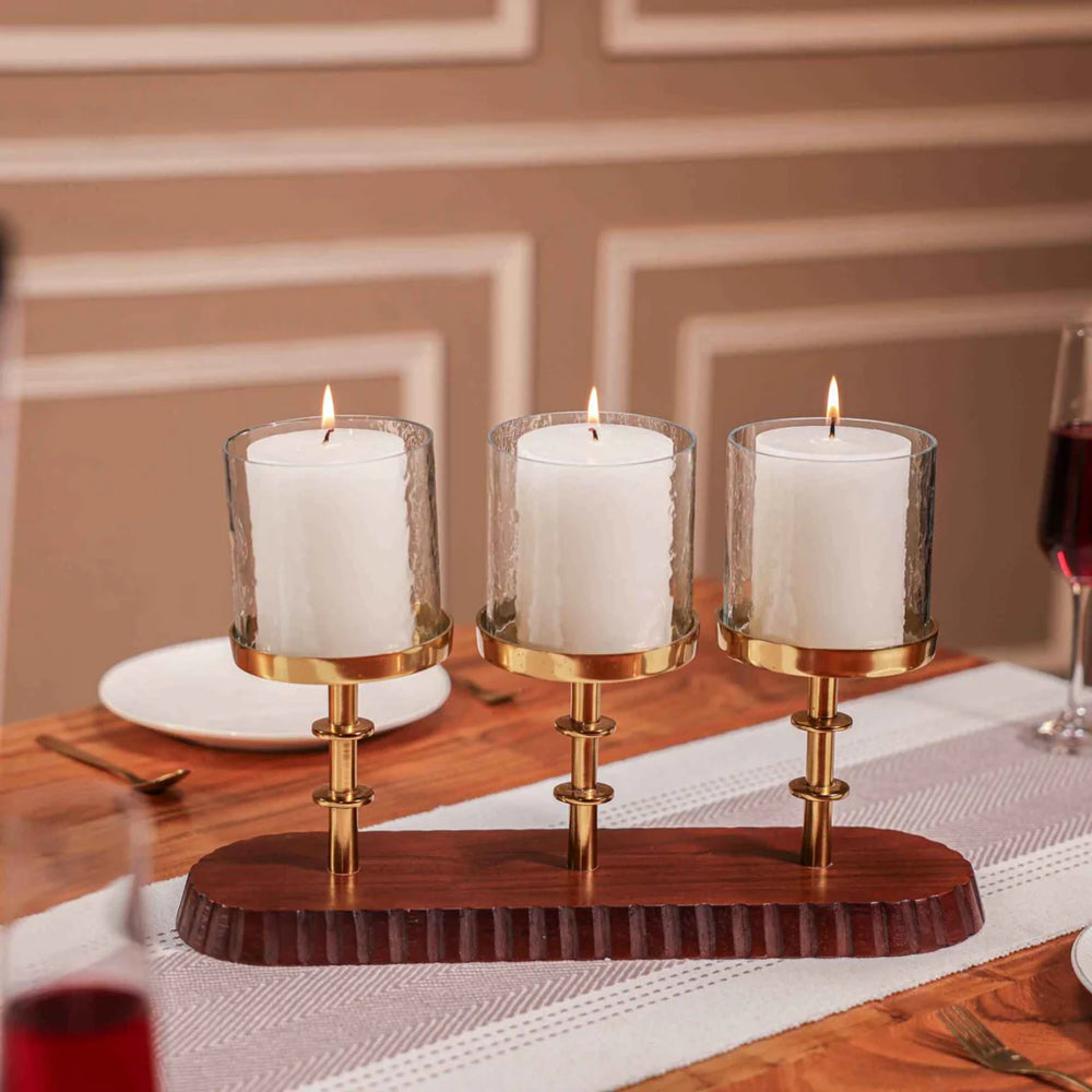 Ireka Homes Glowry Candle Holder - Handcrafted Acacia Wood & Glass Candle Stand With Candle - Stylish Centerpiece for Weddings, Diwali & Christmas Décor (Set of 3)
