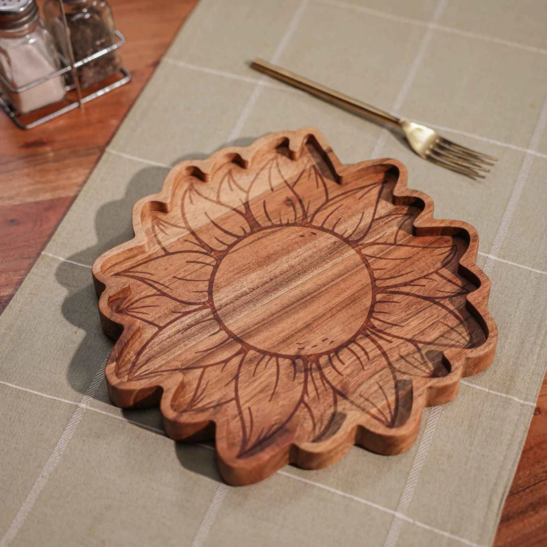 Ireka Homes Multi-Purpose Sunny Side Up Serving Platter - Premium Acacia Wood Platter - Decorative Kitchen Platter for Serving Food, Drinks, Coffee, and Cheese (10.5 inches)