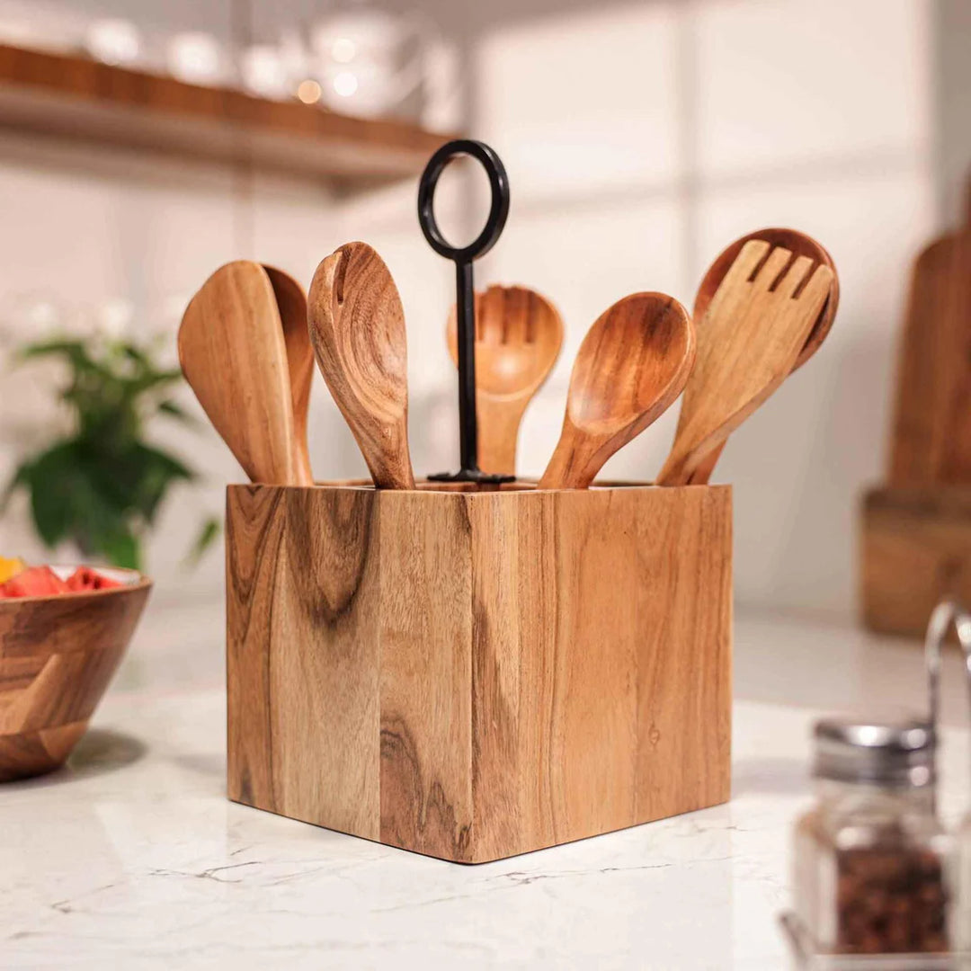 Ireka Homes Block Buddy Utensils Holder - Handcrafted Acacia Wood Utensil Utensils Holder - Durable Utensil Organizer for Spoons, Spatulas, Ladles & Cooking Tools