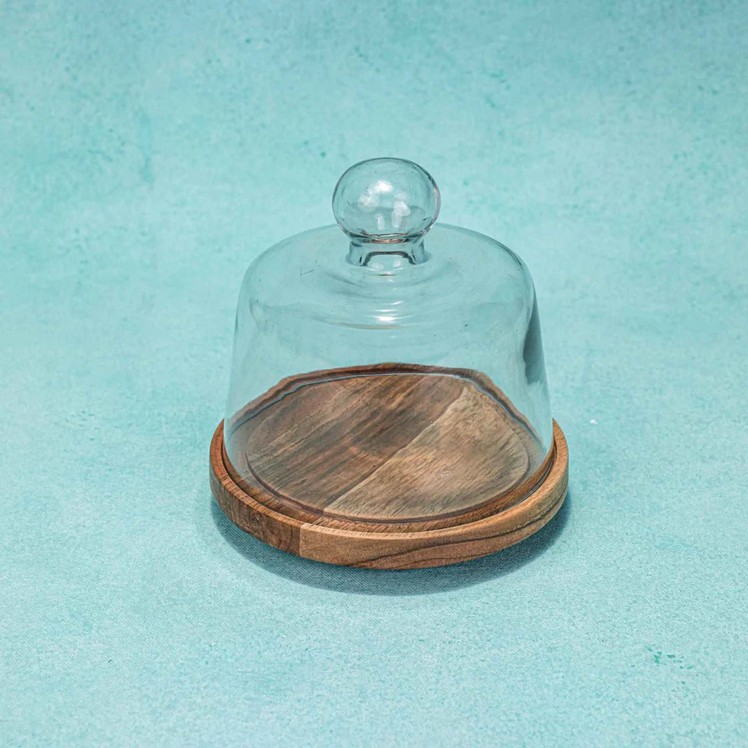 Ireka Homes Sugar Shell Acacia Wood Cake Stand with Glass Dome – Handmade, Sustainable, Foodsafe – Perfect for Cakes, Fruits, and Snacks