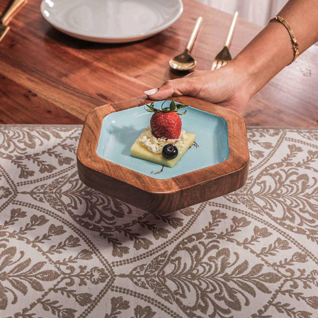 Ireka Homes Multi-Purpose Pentingo Serving Platter - Premium Acacia Wood Platter With Enamel Coating - Decorative Kitchen Platter for Serving Food, Drinks, Coffee, and Cheese (7 inches)
