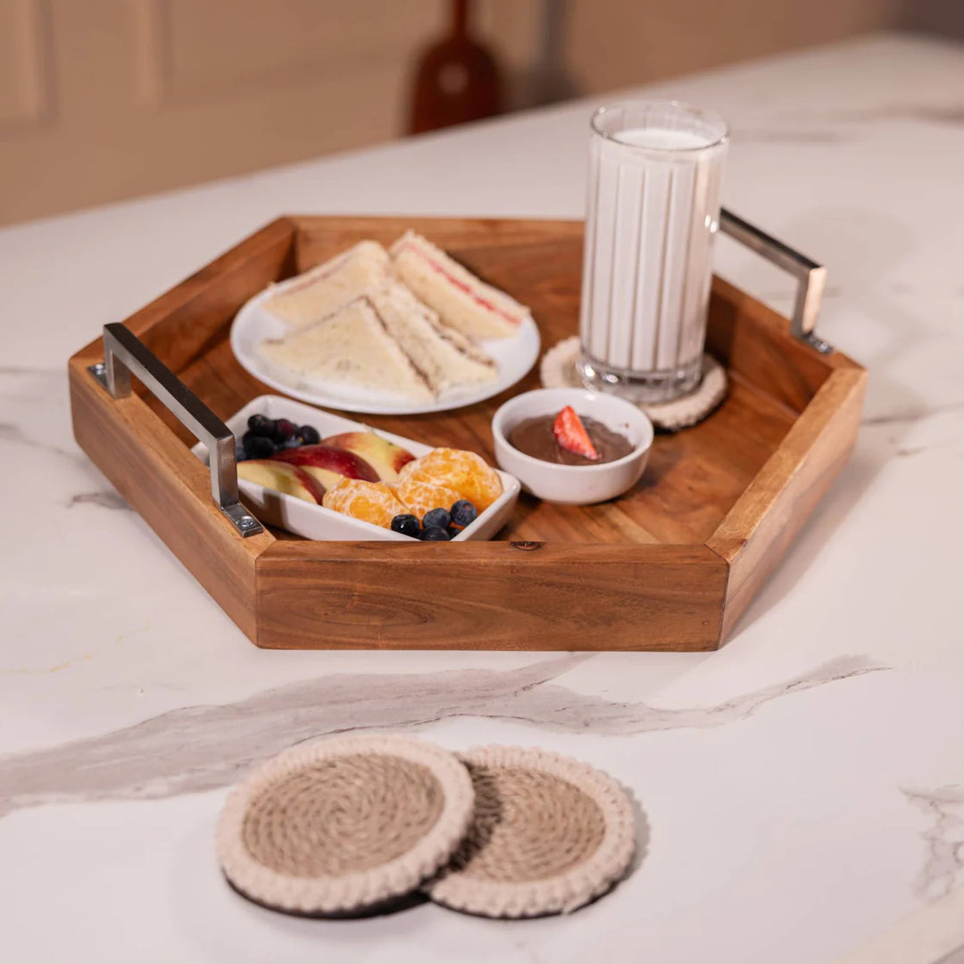 Ireka Homes Multi-Purpose Utsav Serving Tray – Premium Acacia Wood Tray – Decorative Kitchen Tray for Serving Food, Drinks, Coffee, and Cheese (16.5x14.5 inches)