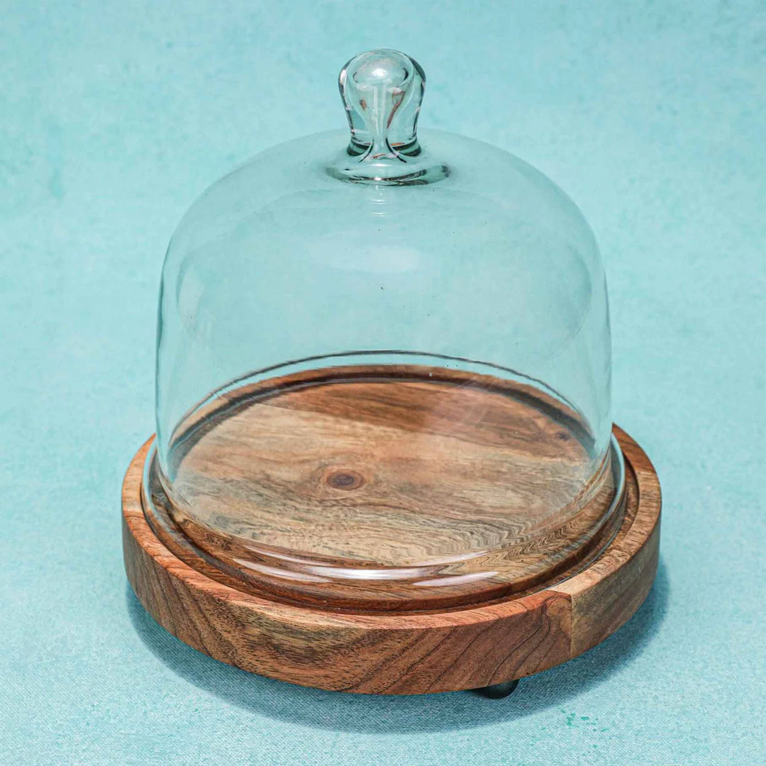 Ireka Homes Sweet Haven Acacia Wood Cake Stand with Glass Dome – Handmade, Sustainable, Foodsafe – Perfect for Cakes, Fruits, and Snacks