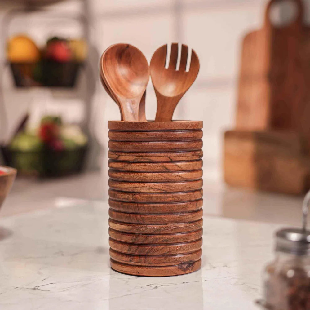 Ireka Homes Cylindro Utensils Holder - Handcrafted Acacia Wood Utensil Utensils Holder - Durable Utensil Organizer for Spatulas, Ladles & Cooking Tools