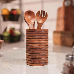 Ireka Homes Cylindro Utensils Holder - Handcrafted Acacia Wood Utensil Utensils Holder - Durable Utensil Organizer for Spatulas, Ladles & Cooking Tools