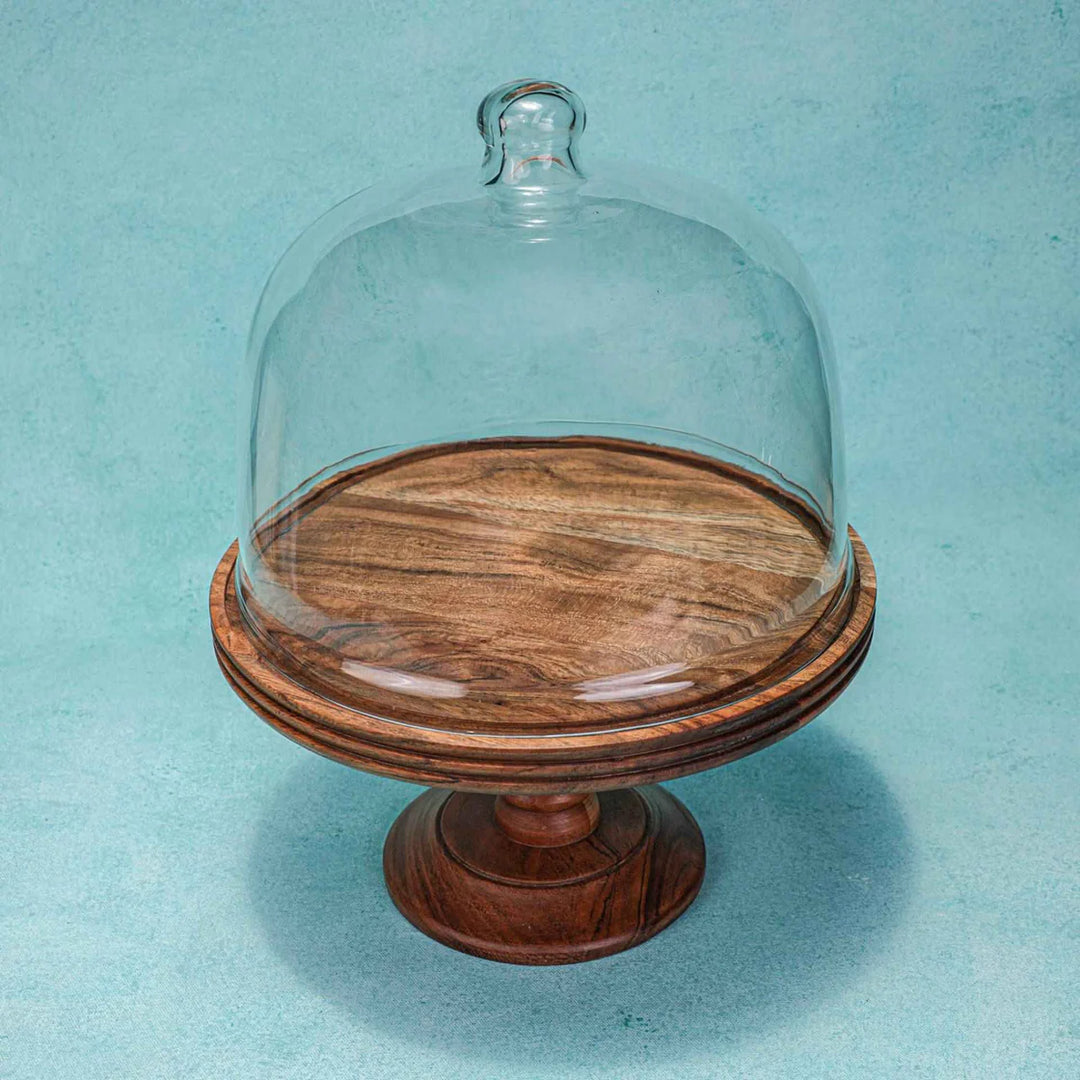 Ireka Homes Party Bell Acacia Wood Cake Stand with Glass Dome – Handmade, Sustainable, Foodsafe – Perfect for Cakes, Fruits, and Snacks