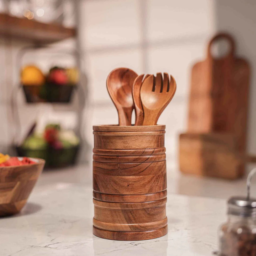 Ireka Homes Kitchen Keeper Utensils Holder - Handcrafted Acacia Wood Utensil Utensils Holder - Durable Utensil Organizer for Spatulas, Ladles & Cooking Tools