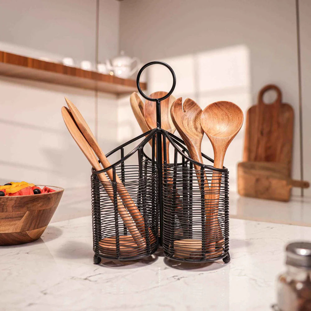 Ireka Homes Metal Mate Utensils Holder - Handcrafted Acacia Wood And Iron Handle Utensils Holder - Durable Utensil Organizer for Spoons, Spatulas, Ladles & Cooking Tools