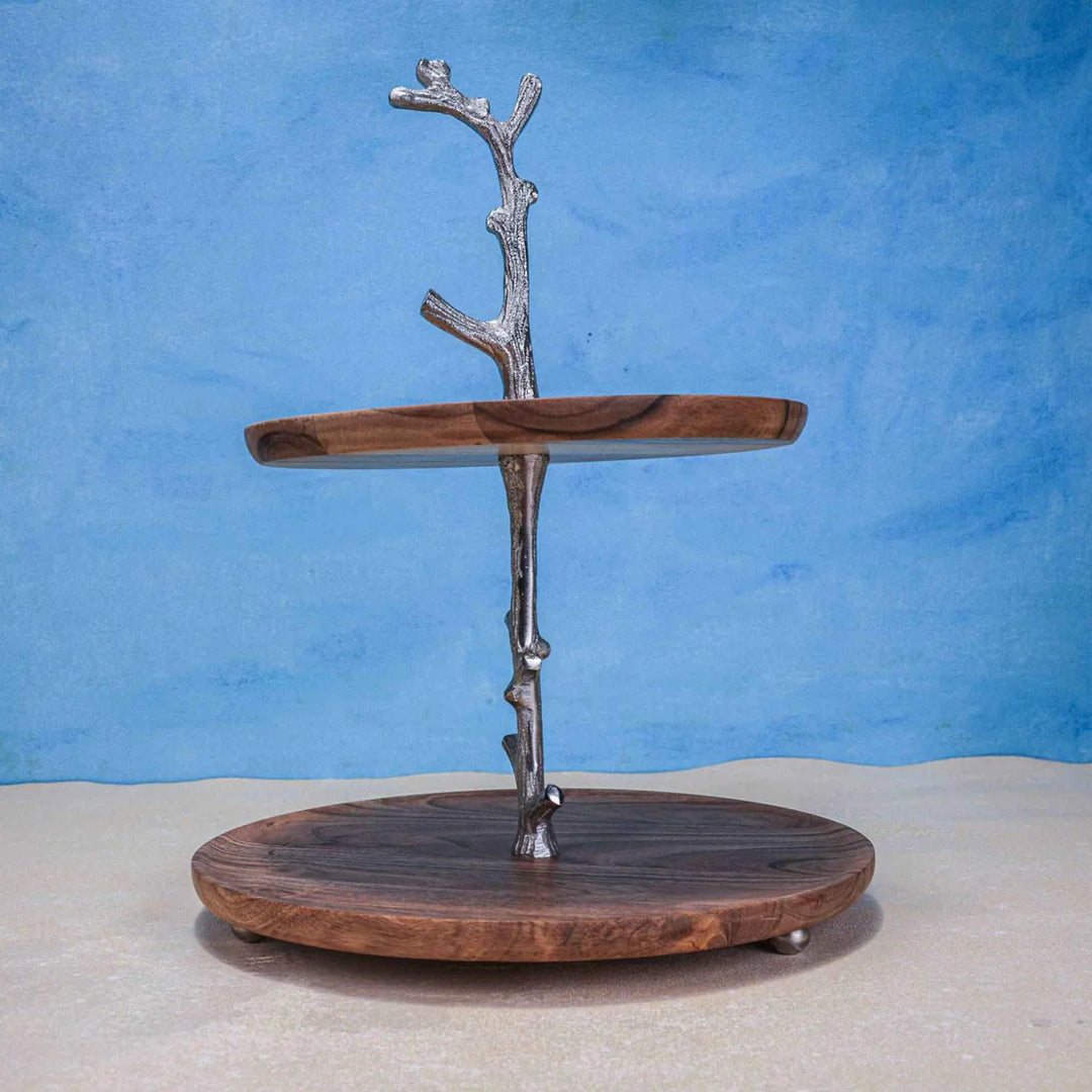 Ireka Home Treat Tree Acacia Wood Two-Tier Serving Stand | Dessert & Cupcake Display | Tea Party Pastry Serving Platter in Gift Box