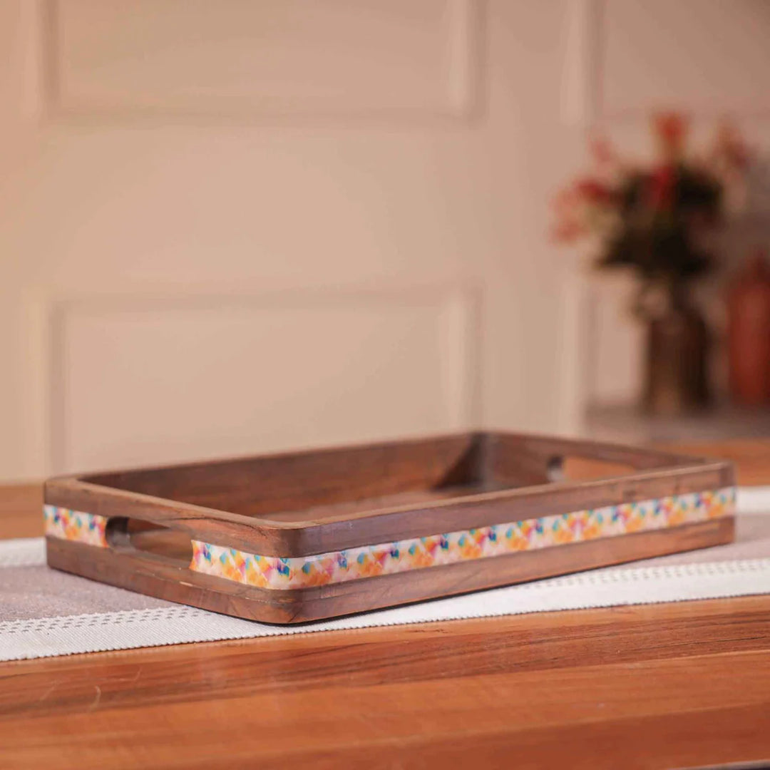 Ireka Homes Multi-Purpose Swagatam Serving Tray – Premium Acacia Wood Tray – Decorative Kitchen Tray for Serving Food, Drinks, Coffee, and Cheese (16x10 inches)