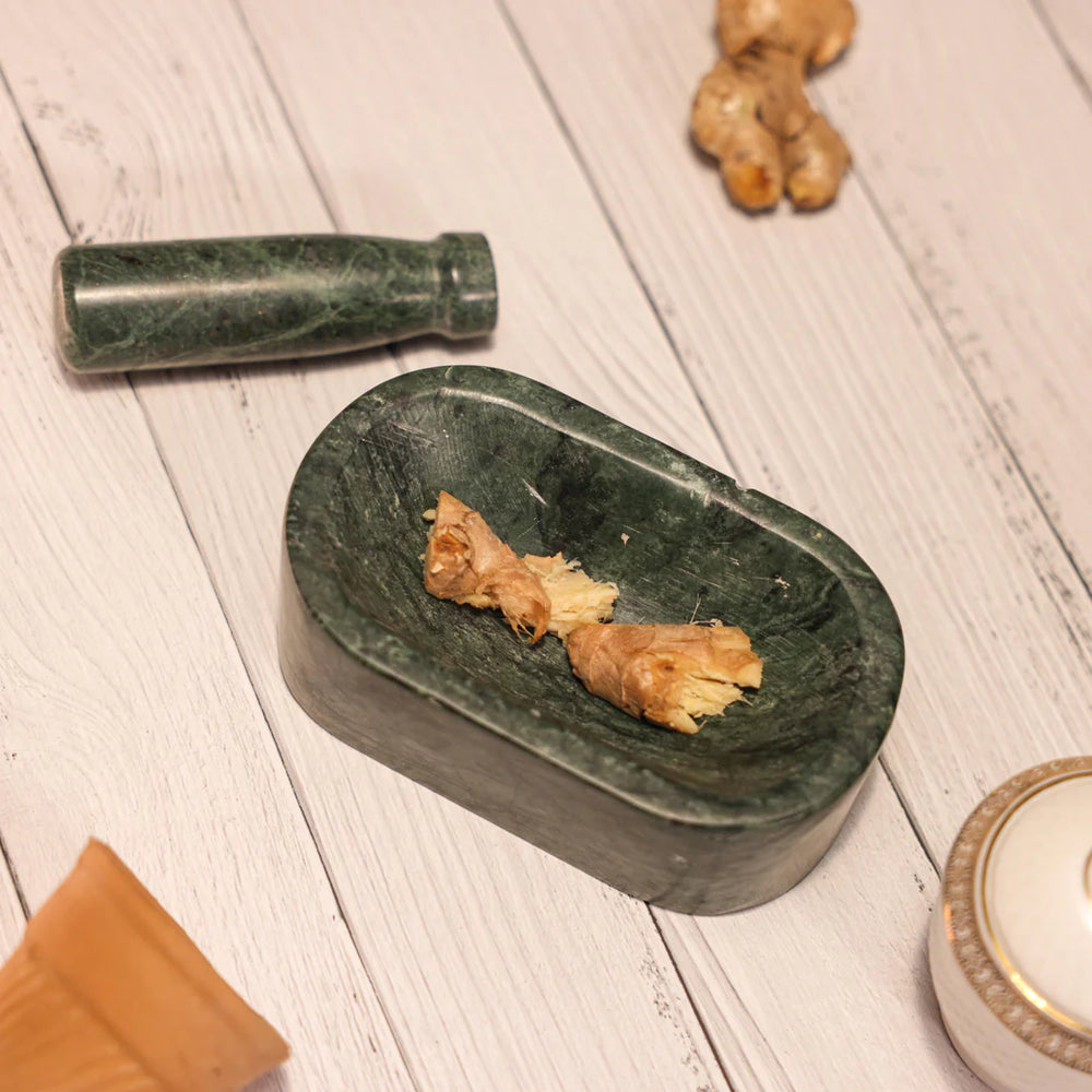 Ireka Homes Grindini Marble Mortar & Pestle Set – Handcrafted Green Stone Mortar with Ergonomic Pestle – Ideal for Spices, Herbs, Nuts & More (6x3.5x3.5 inches)