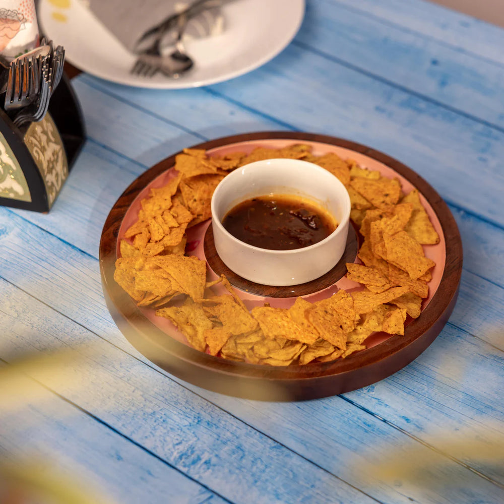 Ireka Homes Sakura Chip and Dip Platter – Handcrafted Acacia Wood Snack Tray with Ceramic Bowl – Stylish Platter for Chips, Crackers, and Dips (11.5x11.5x2.5 inches)