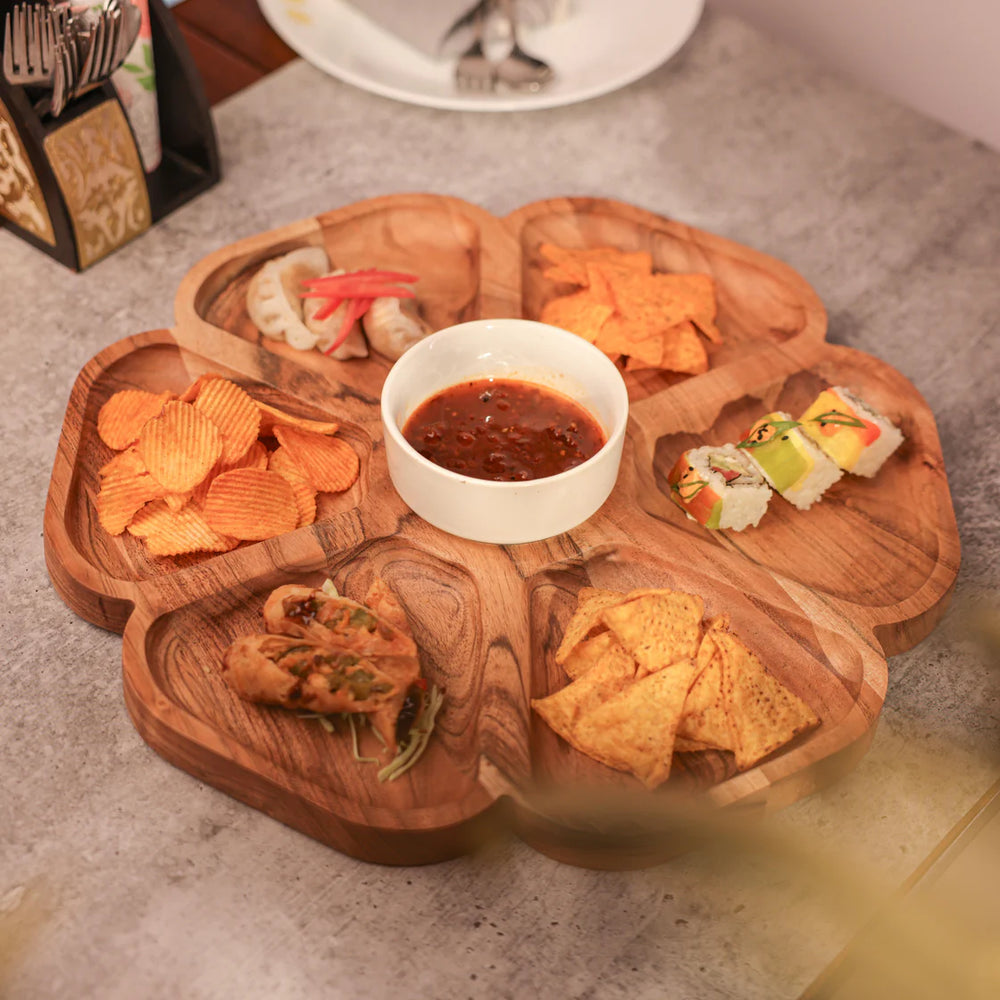 Ireka Homes FloraFeast Chip and Dip Platter – Handcrafted Acacia Wood Snack Tray with Ceramic Bowl – Stylish Platter for Chips, Crackers, and Dips (16x16x2.5 inches)