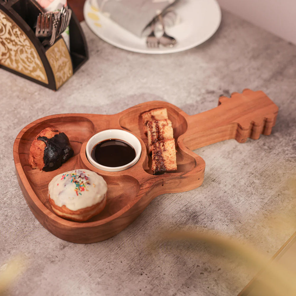 Ireka Homes StrumYum Chip and Dip Platter – Handcrafted Acacia Wood Snack Tray with Ceramic Bowl – Stylish Platter for Chips, Crackers, and Dips (16.5x9x1.75 inches)