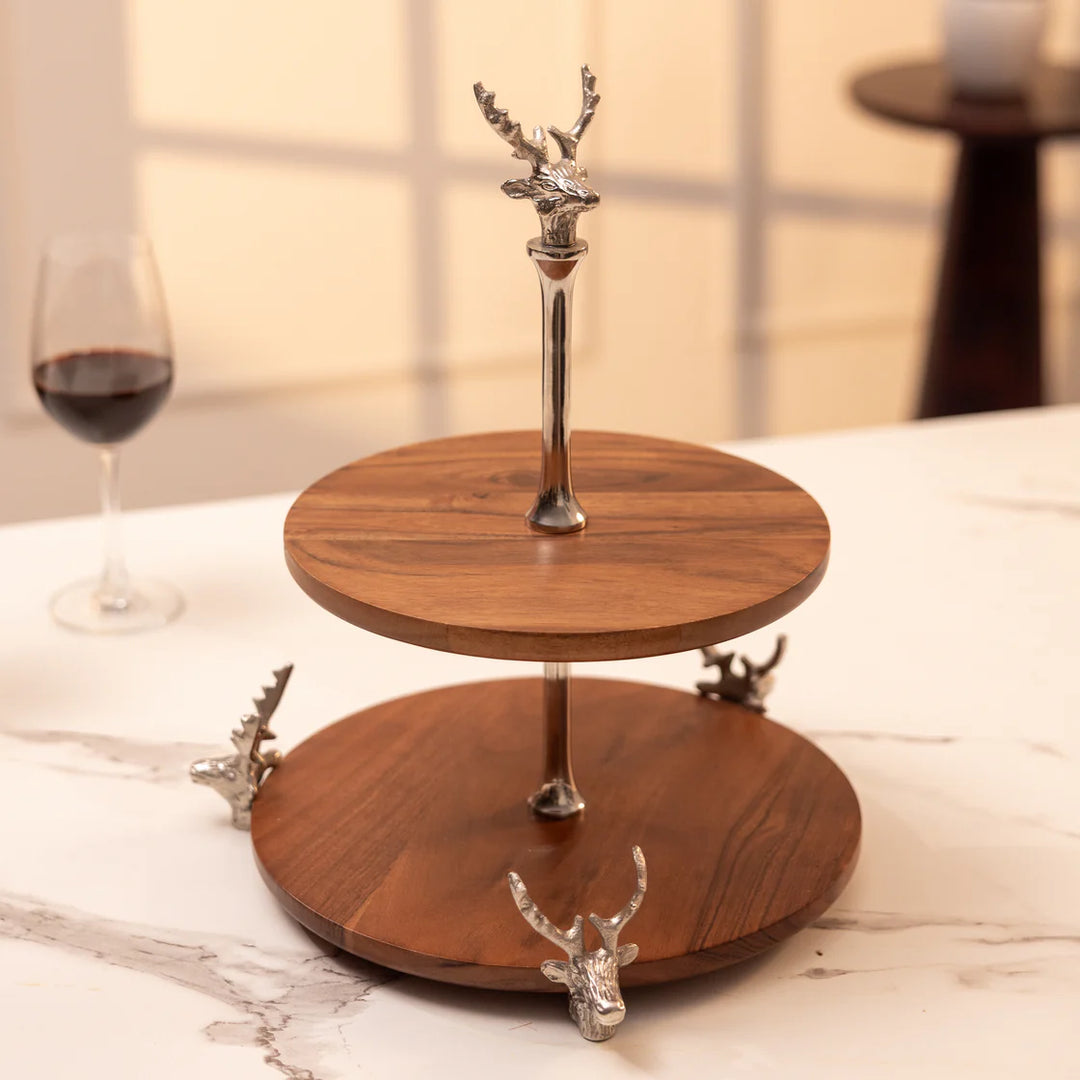 Ireka Homes Wildwood 2-Tier Dessert Stand – Premium Acacia Wood & Metal Artifact for Snacks, Cakes & Table Decor (12.5x12.5x14.5 inches)