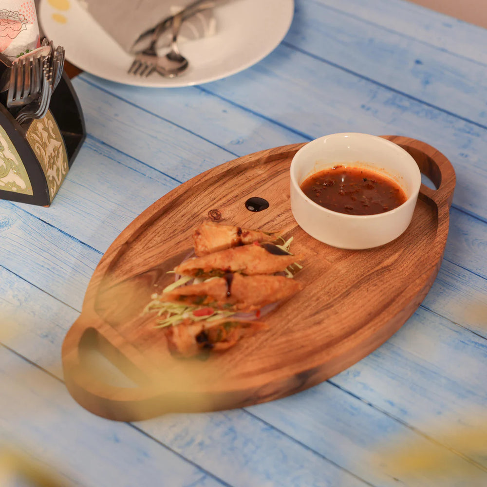 Ireka Homes Ovaload Chip and Dip Platter – Handcrafted Acacia Wood Snack Tray with Ceramic Bowl – Stylish Platter for Chips, Crackers, and Dips (16x9x2.5 inches)