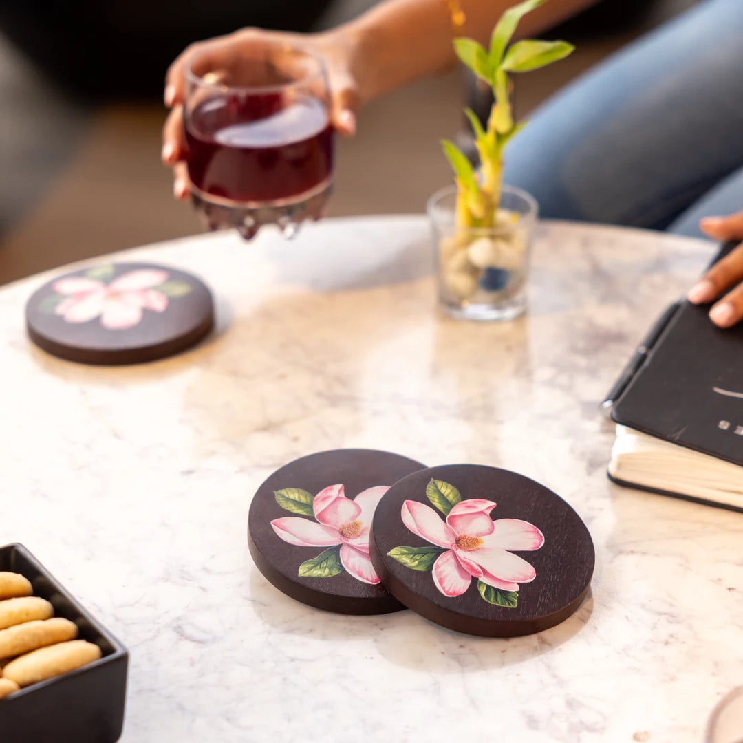 Ireka Homes Sakura Coaster Set – Acacia Wood – Ideal for Coffee Tables, Desks, & Gifting