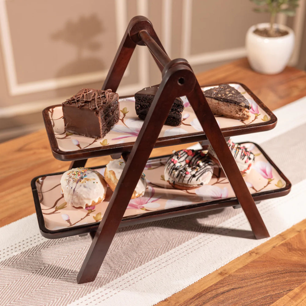 Ireka Homes Sakura Multipurpose Serveware – Premium Acacia Wood 2-Tier Stand  - Foldable Serveware for Snacks, Barware & Kitchen Decor (18x9.75x14 inches)