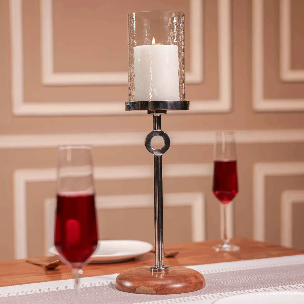 Ireka Homes Aurora Candle Holder - Handcrafted Acacia Wood & Glass Candle Stand With Candle - Stylish Centerpiece for Weddings, Diwali & Christmas Décor
