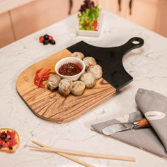 Ireka Homes SnipSnap Acacia Wood Chopping Board - Handmade, Sustainable, Cut-Resistant - Black Deco Finish Handle - Perfect for Vegetables, Meat, Cheese & Serving