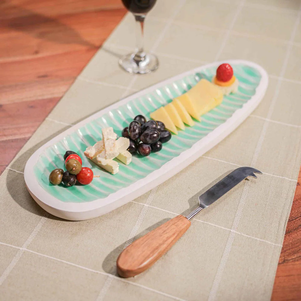 Ireka Homes Multi-Purpose Oval & Out Serving Platter - Premium Acacia Wood Platter With Enamel Coating - Decorative Kitchen Platter for Serving Food, Drinks, Coffee, and Cheese (15.8x5.7 inches)