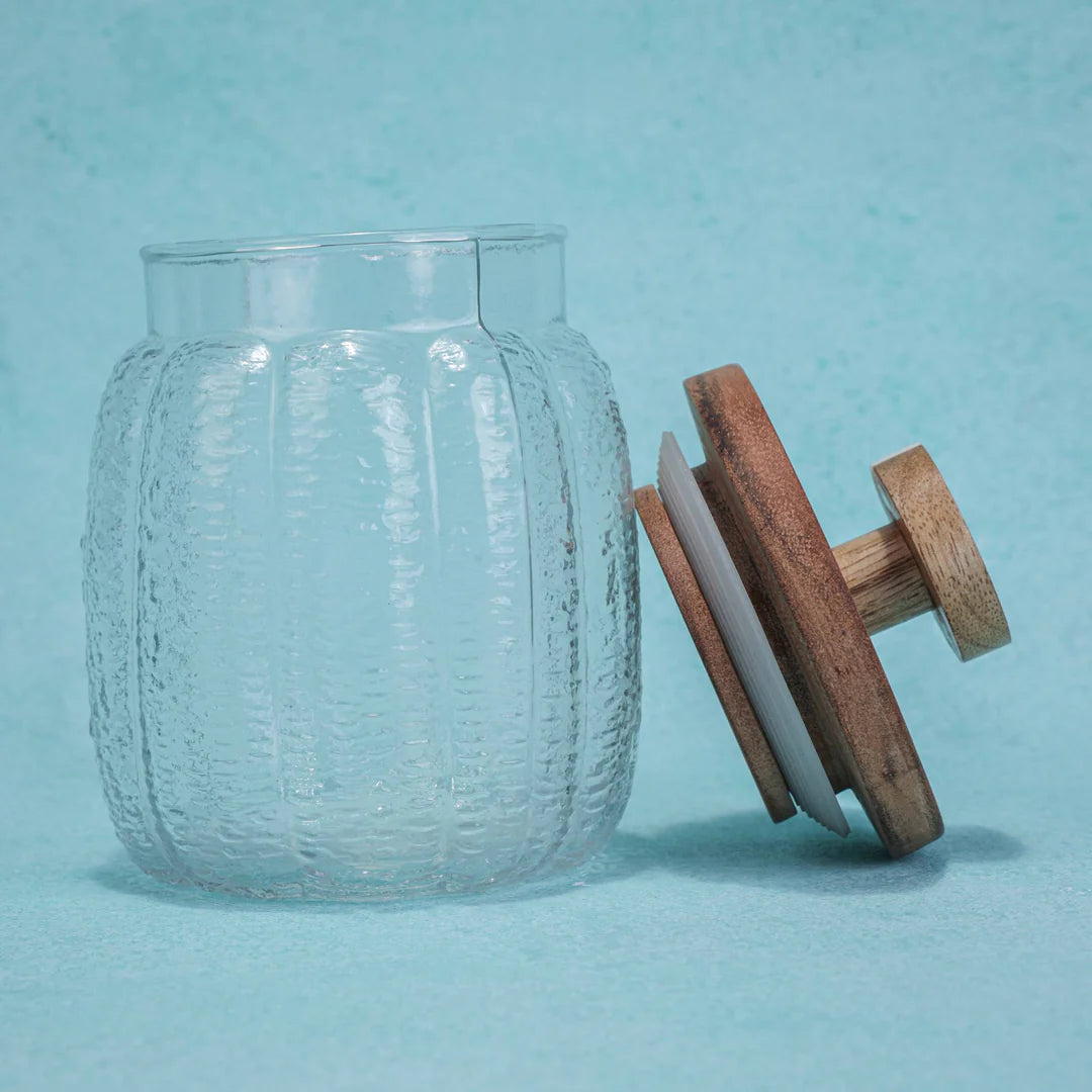 Ireka Homes Premium Ripple Canister - Food-Safe Glass Storage Jar with Airtight Wooden Lid - Perfect for Coffee, Sugar, Snacks & More (4x5.5 inches)