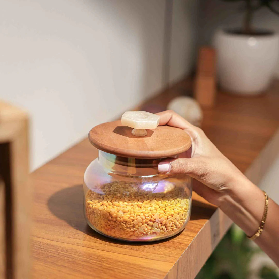 Ireka Homes Premium Halo Canister - Food-Safe Glass Storage Jar with Airtight Wooden Lid - Perfect for Coffee, Sugar, Snacks & More (5.5 x 5 inches)